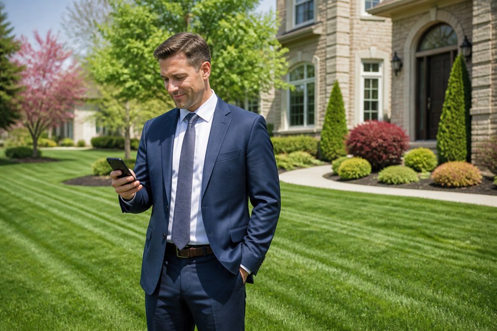 Business professional checking a smartphone on a perfectly manicured lawn, representing modern lawn care for busy