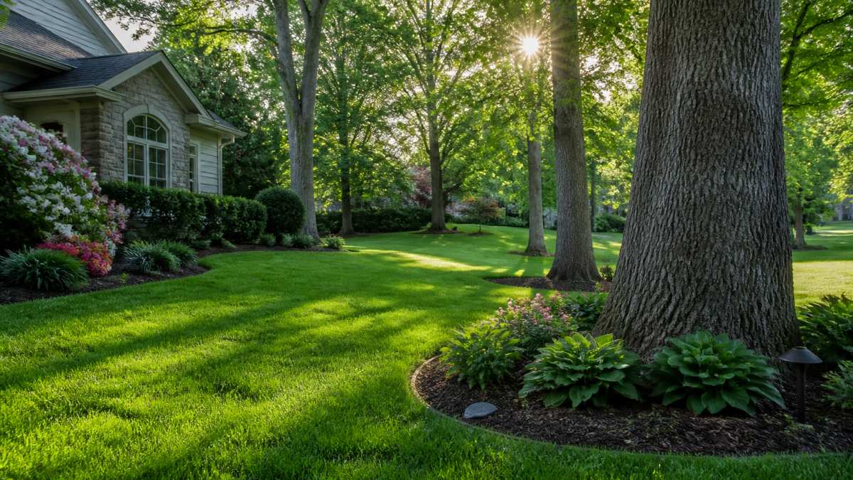 A lush, well-maintained residential lawn in Northern Virginia with mature oak trees, vibrant green grass, and balanced landscape design in early summer morning light