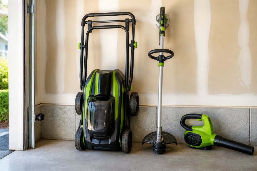 A close-up of a compact battery-powered mower with a folded handle, stored vertically against a garage wall next to a cordless trimmer and a small leaf blower