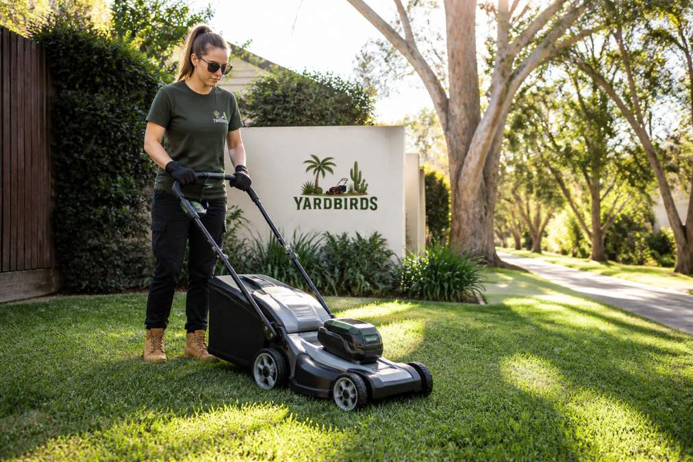Professional demonstrating eco-friendly all-electric lawn mowing equipment on residential lawn with lush grass in morning sunlight