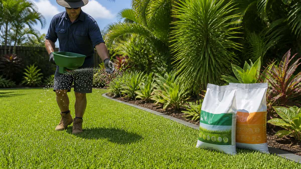 Homeowner applying granular fertiliser to a lush green tropical lawn on a sunny day, with bags of LawnHub fertiliser visible nearby on the garden bed