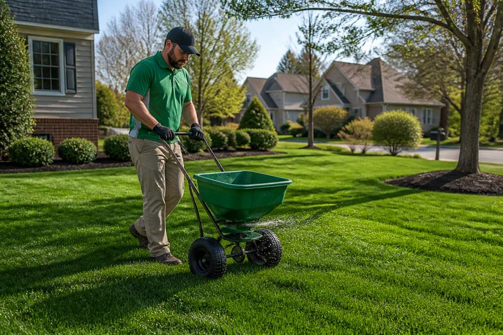 A professional technician in a branded uniform applying granular fertilizer to a lush green residential lawn in a suburban Cleveland neighborhood, with a sprayer and spreader equipment visible in the warm afternoon light