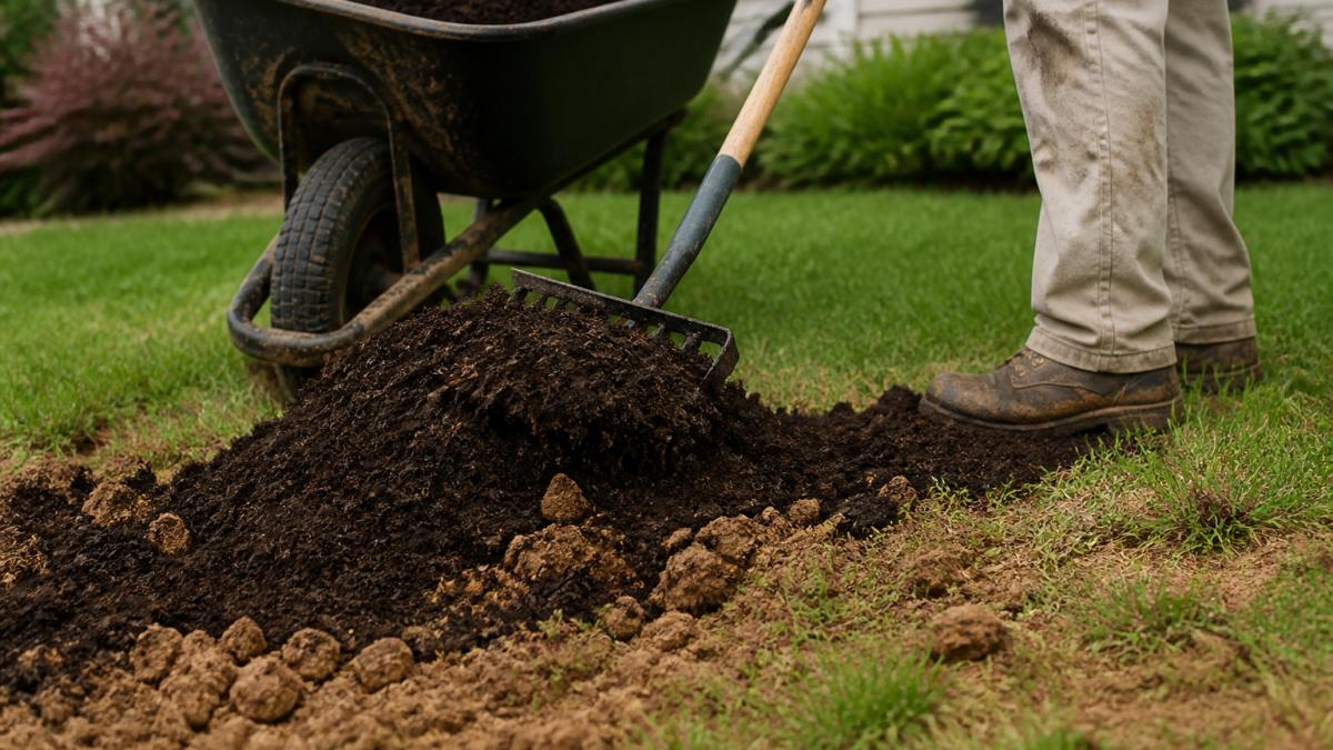 Close-up of rich composted manure and organic soil amendment being spread across a residential lawn with clay soil visible underneath