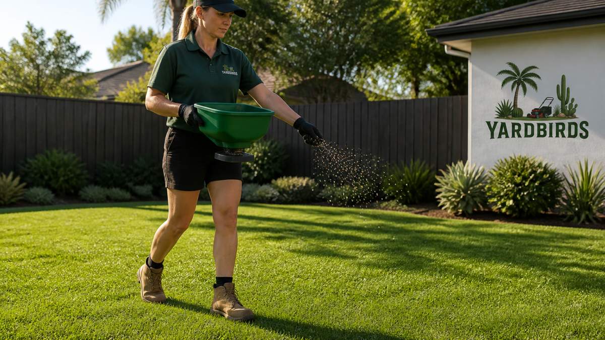 Infographic demonstrating the best lawn weed and feed application technique with a spreader on a sunny morning.