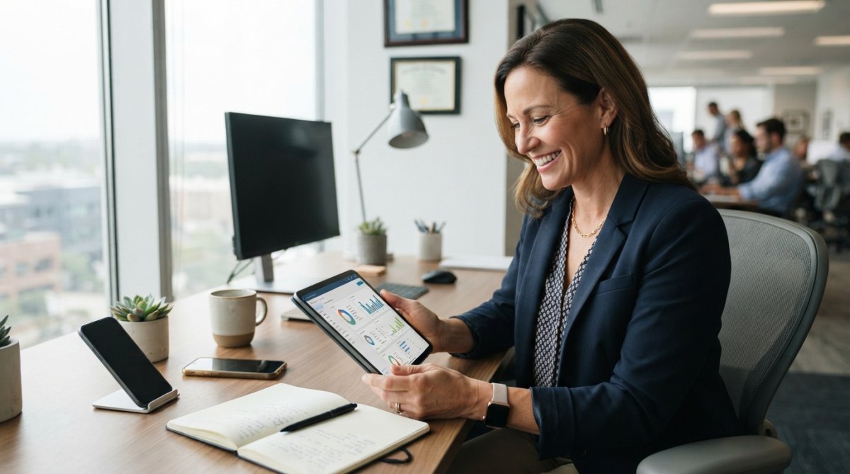 A professional insurance agent in a modern office, smiling while reviewing a tablet showing a dashboard with lead data and charts, with a phone and notepad on the desk