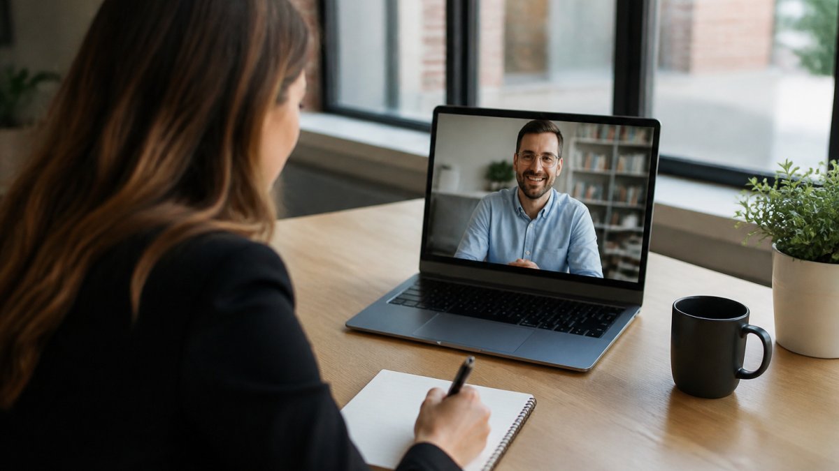 Sales professional on video call with prospect, laptop screen showing call interface, notepad and pen on desk for note-taking, natural office lighting