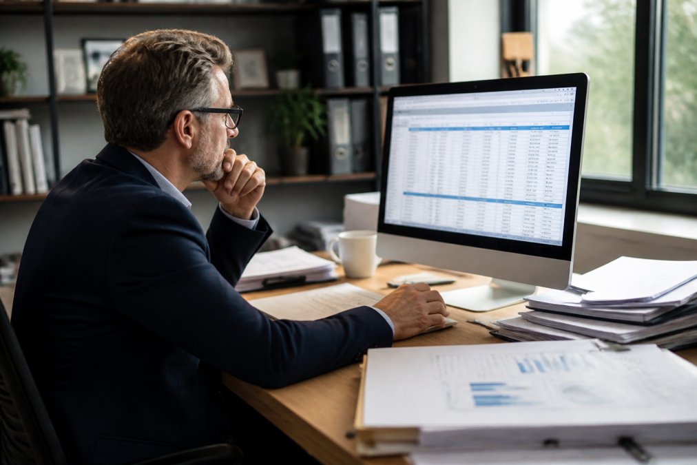 Financial advisor reviewing prospect information on computer screen in professional office, with retirement planning documents and client files visible on desk