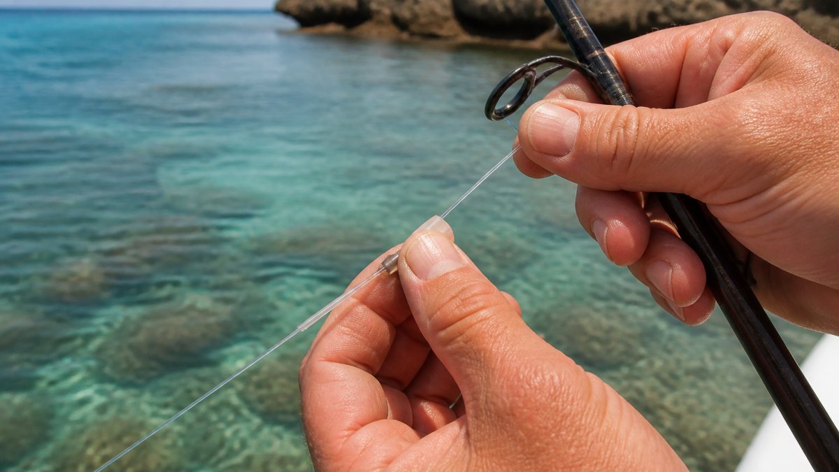 Close-up of professional angler's hands installing protective chafe tubing over monofilament leader on fishing rod, with reef structure visible in background water