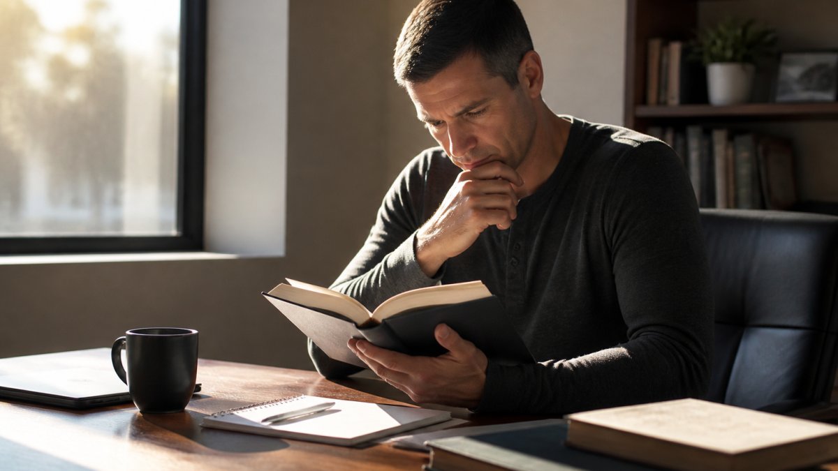 Professional sitting at desk with morning light, reading a leadership book with coffee and notepad nearby, showing focus and reflection