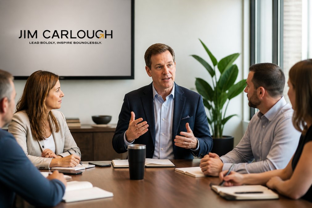 Professional male leader in business attire facilitating a focused discussion with direct reports around a modern conference table, natural office lighting, showing engaged listening and authentic presence