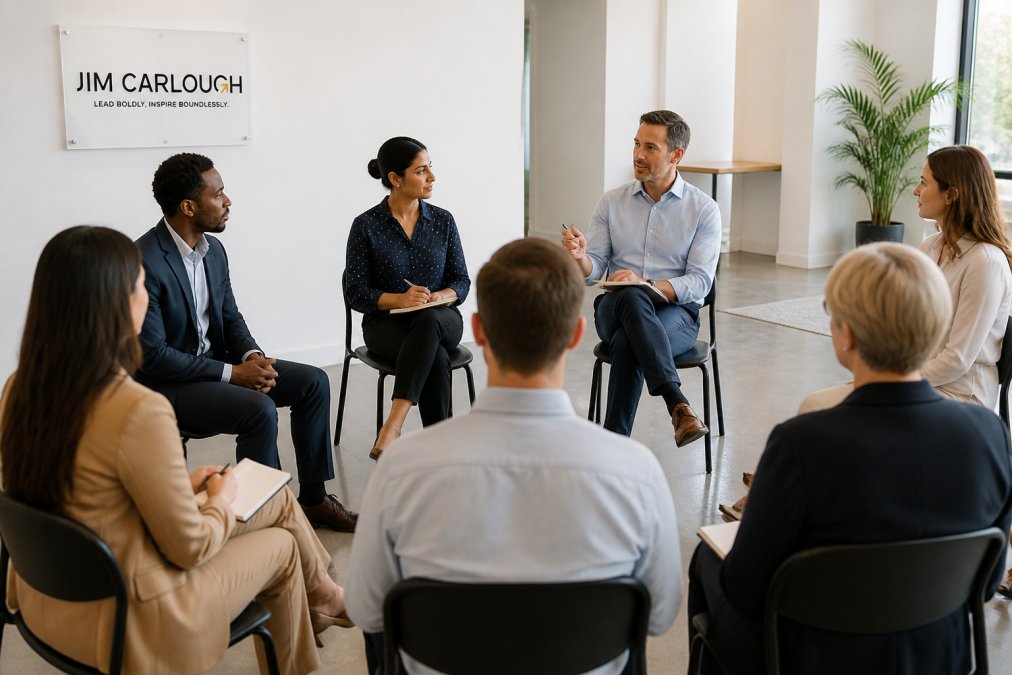 Diverse group of professional leaders engaged in active discussion during a facilitated workshop, sitting in a circle with notepads and focused body language, modern bright training room with natural light