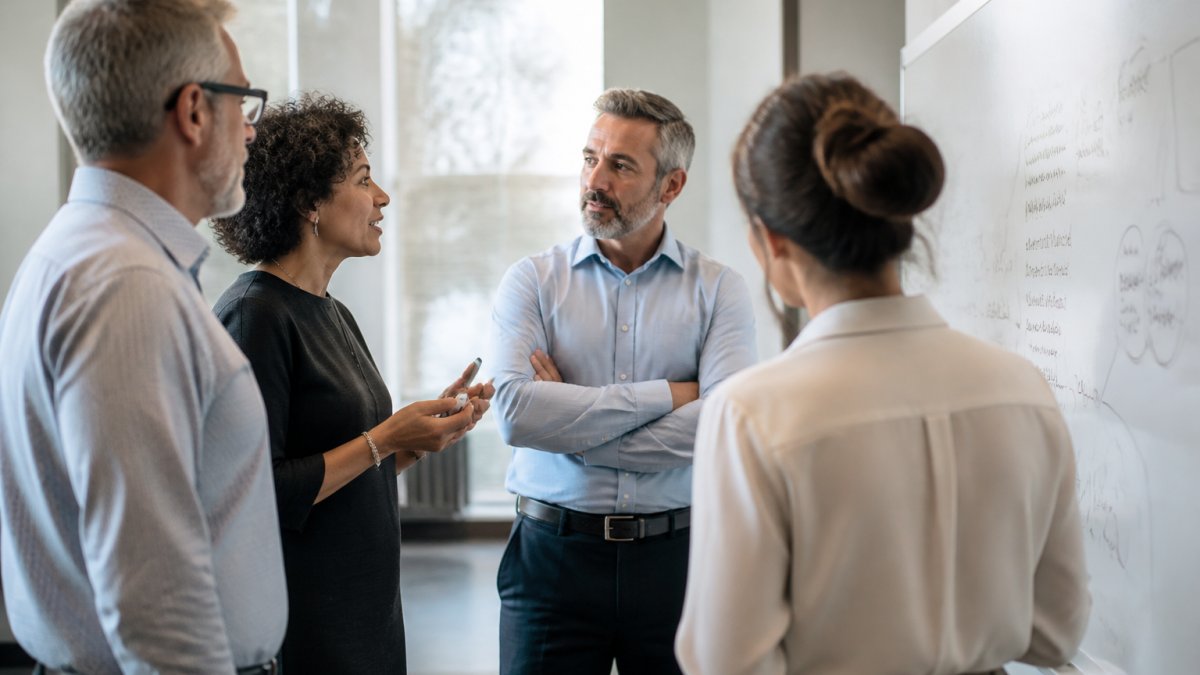 Diverse group of senior leaders engaged in collaborative workshop, standing around whiteboard with strategic notes, actively discussing and problem-solving together in modern office setting with natural light