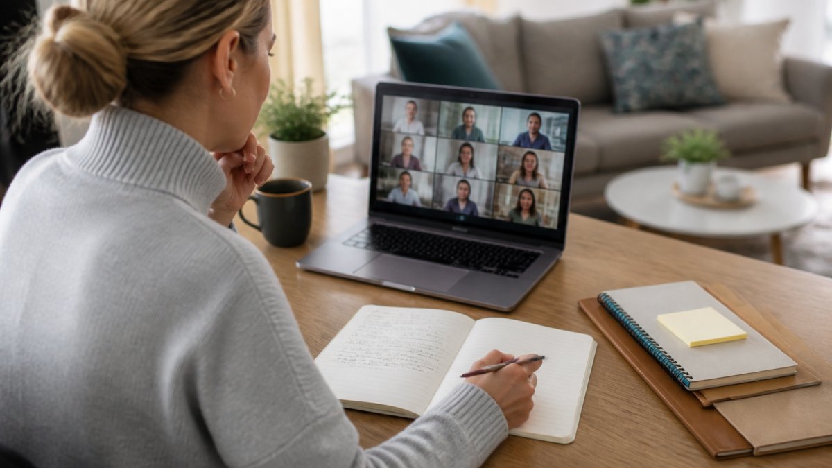 A learning and development manager reviewing a laptop screen with a video call open, handwritten notes and a coffee cup on a desk in a bright home office