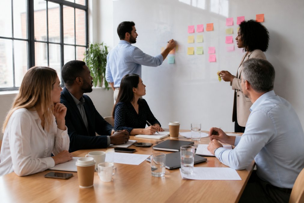 A diverse team of managers and professionals collaborating around a whiteboard covered in strategy notes during an in-house training session in a bright corporate meeting room