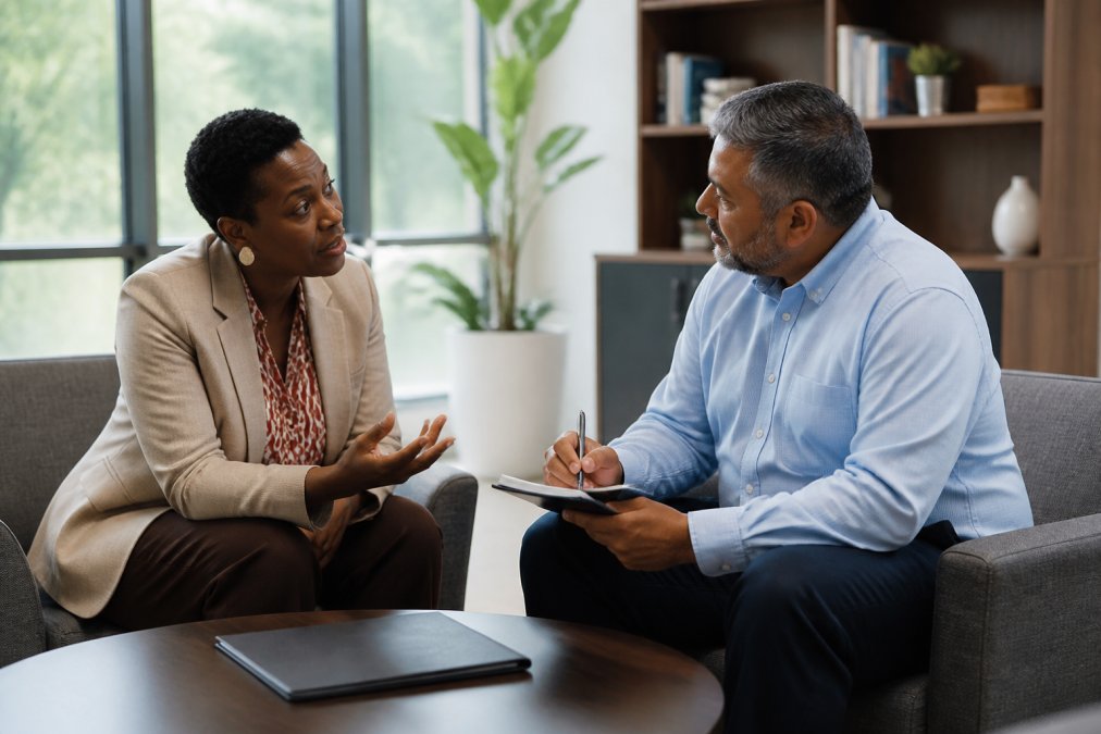 School principal and executive coach in conversation during one-on-one coaching session in professional office setting, reviewing notes and discussing leadership strategies with natural window lighting