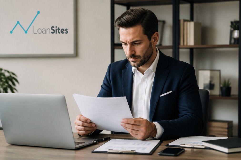 Professional loan officer at desk reviewing mortgage leads on computer with documents and phone nearby, focused expression while analyzing data