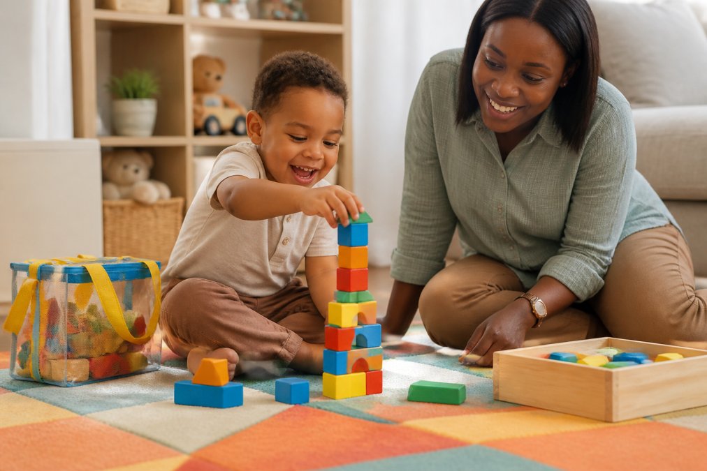 A young child sitting on a colourful mat, happily stacking building blocks while a parent smiles nearby in a bright, tidy home setting