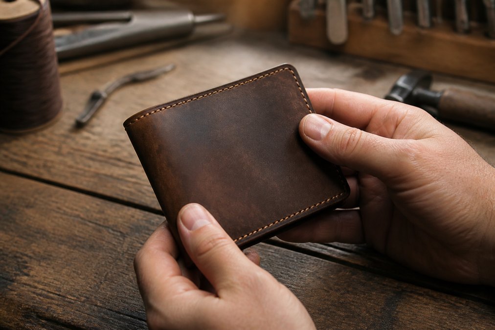 Close-up of hands holding a handcrafted leather billfold wallet, showing rich texture, visible stitching detail, and natural patina marks on vegetable-tanned leather in warm natural light