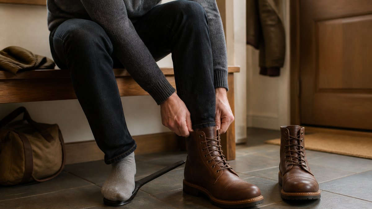 Man sitting on a wooden bench putting on a brown leather lace-up boot with a shoe horn in a sunlit entryway