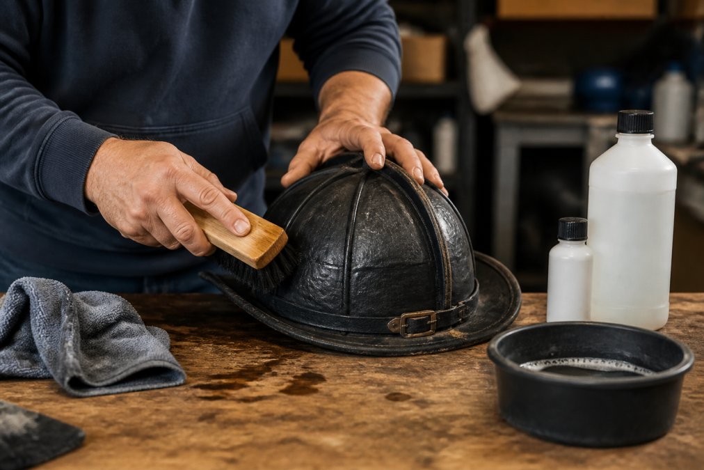 Firefighter using a soft brush and cloth for leather care on a vintage fire helmet at a workbench