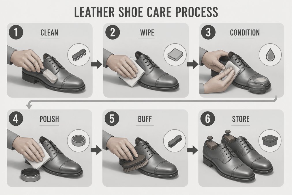 Close-up of hands cleaning and conditioning genuine leather shoes with soft cloth and polish, showing the shoe care process in progress, natural lighting