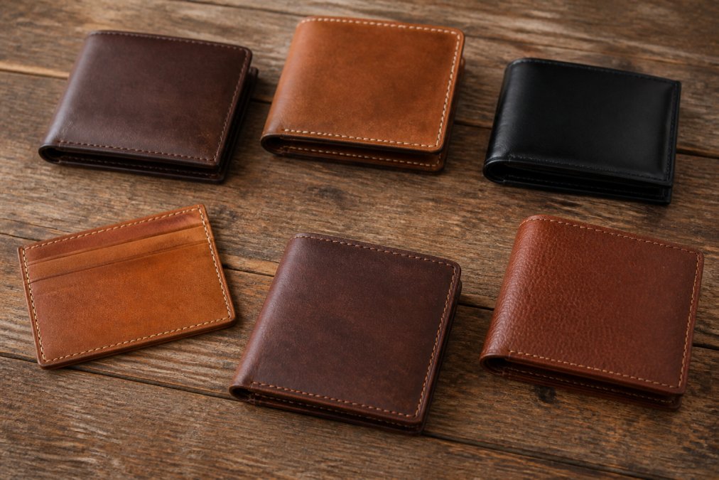 Flat-lay of several leather wallets arranged on a worn wooden surface, showing varying thicknesses and leather textures including a slim card holder and a classic bifold, with warm natural lighting highlighting grain texture and stitch quality