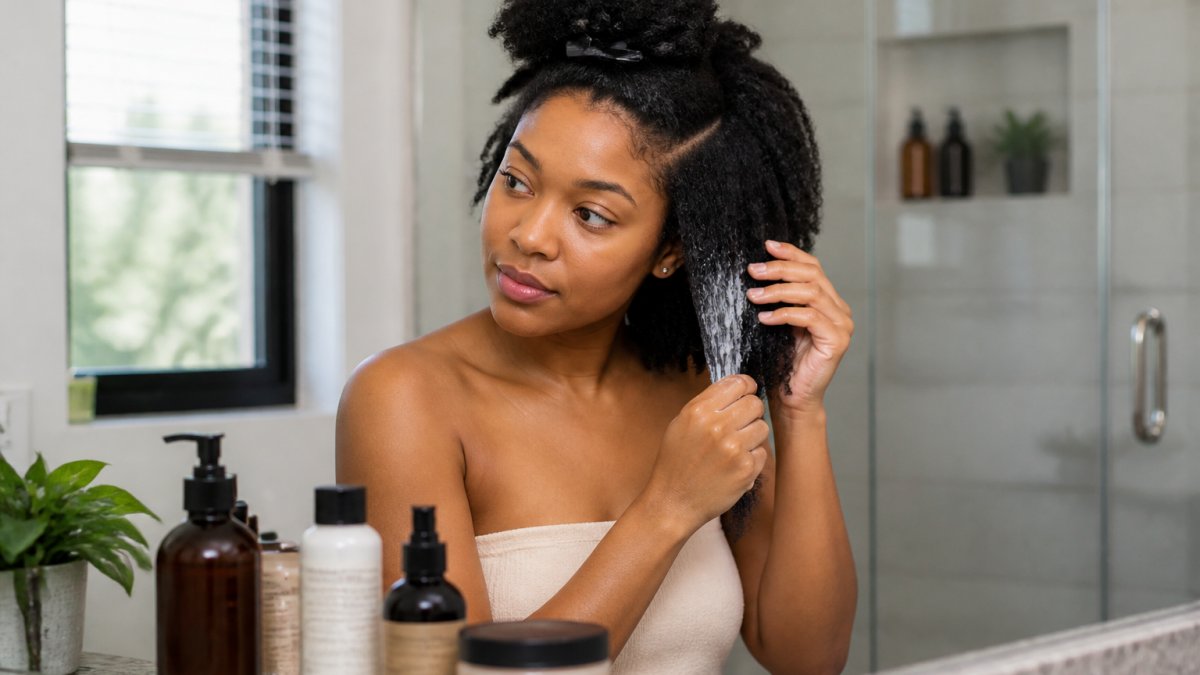 A Black woman with 4C coily hair applying leave-in conditioner to damp hair in a bright bathroom, hands working product through sections of hair, bottles of hair care products visible on the counter