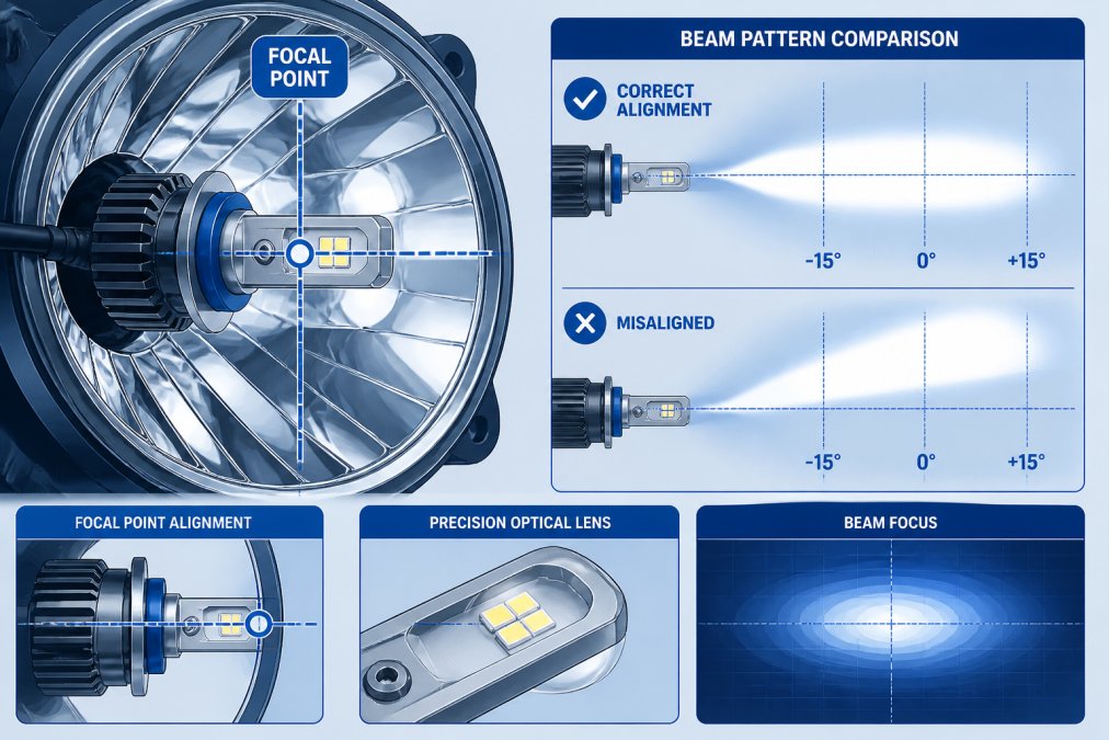 Close-up of LED bulb installed in reflector housing showing focal point alignment and beam pattern focus, with precision-engineered lens visible under workshop lighting