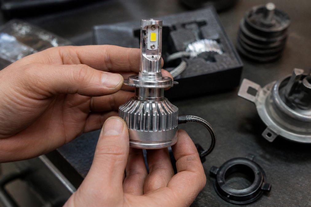 Detailed view of LED bulb heat sink with precision-engineered cooling fins and thermal conductive materials, hands holding the component for scale in professional workshop setting