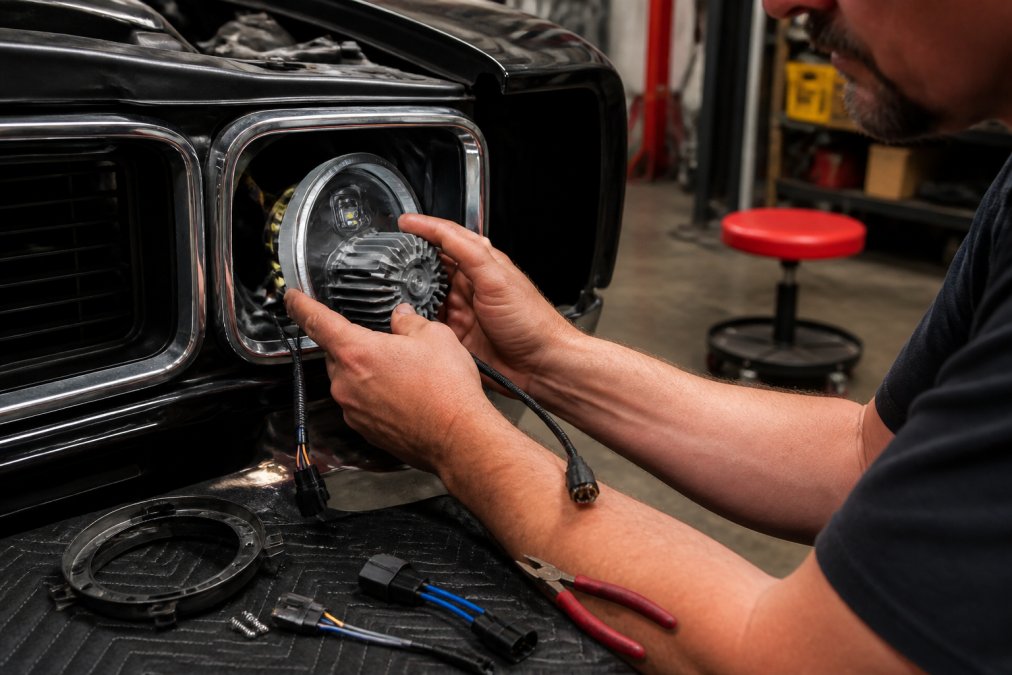Close-up of hands installing an LED headlight conversion kit into a classic muscle car headlight housing, wiring harness connector visible, garage workshop setting with overhead lighting