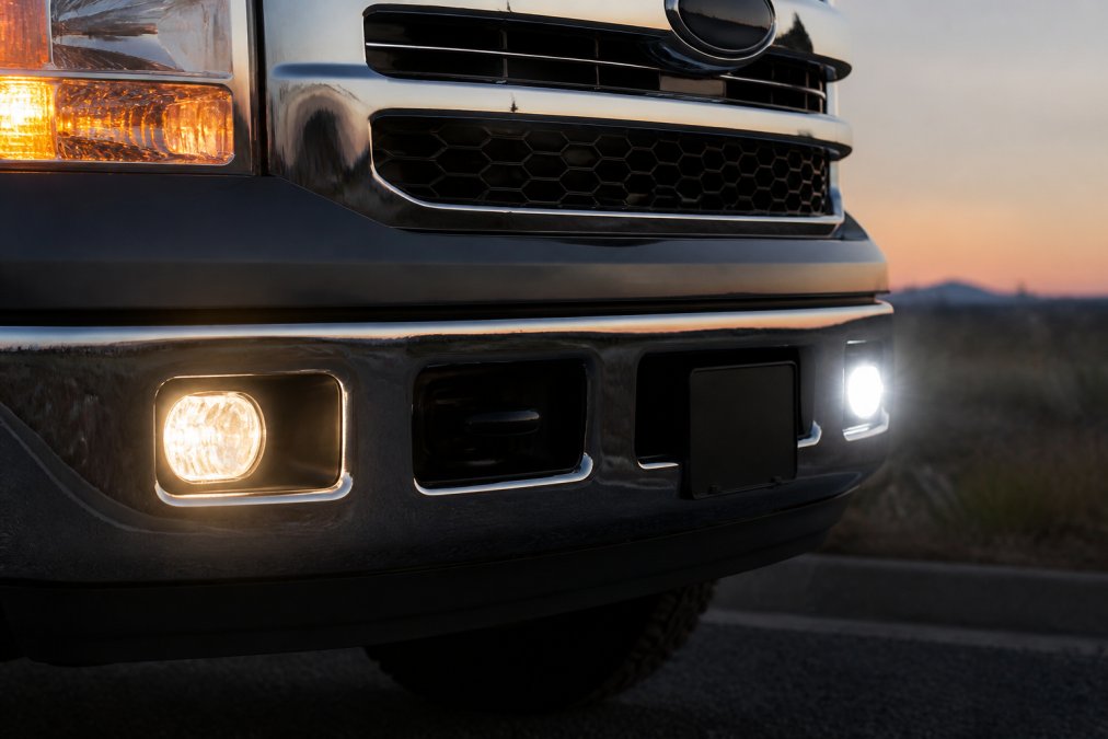 Close-up of a truck's front grille at dusk, showing a dim factory halogen fog light next to a bright LED replacement bulb with concentrated beam pattern