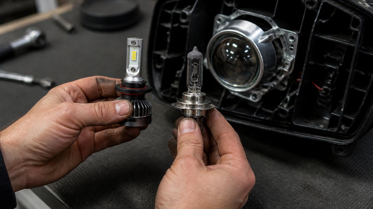 Close-up of a mechanic's hands holding an H4 Mini Projector LED bulb next to a traditional halogen bulb, with a projector headlight housing visible in the background on a workbench