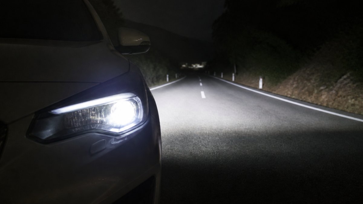 Close-up photograph of a modern vehicle's front headlight assembly glowing bright white against a dark road at night, with the beam pattern illuminating the asphalt ahead