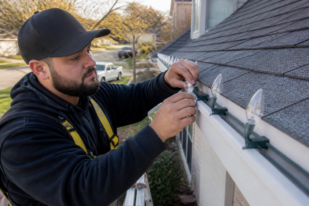 Professional installer securing LED light strands to roofline using spring clips and weatherproof connectors on a residential home