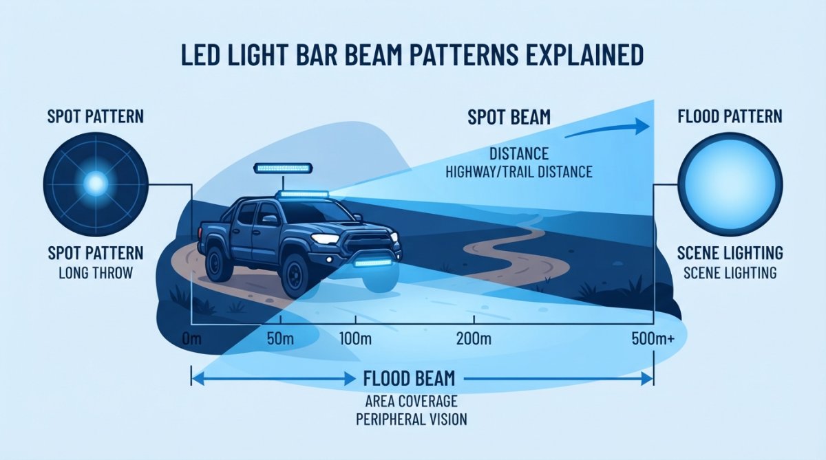 Off-road vehicle with LED light bars illuminating a rocky trail at night, showing visible spot beam projection far ahead and flood beam lighting the immediate terrain and rocks