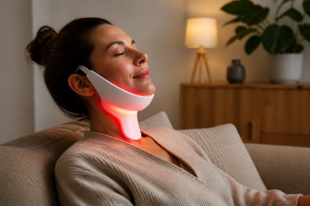 A woman in her 30s relaxing on a couch at home wearing the Neck & Face Lifting LED Therapy Device, soft red glow emanating from the device along her neck and jawline, warm ambient lighting in a modern living room