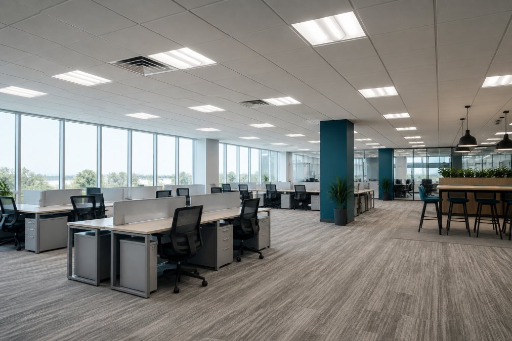 Professional office workspace with ceiling-mounted LED panel lights and troffers illuminating open floor plan with desks, collaborative areas, and natural window light