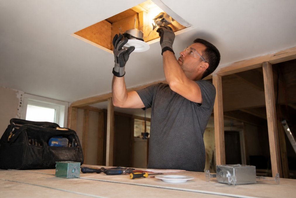Electrician installing a recessed LED downlight housing into a residential ceiling, holding the fixture with one hand while connecting wires with the other, bright work light illuminating the open ceiling cavity