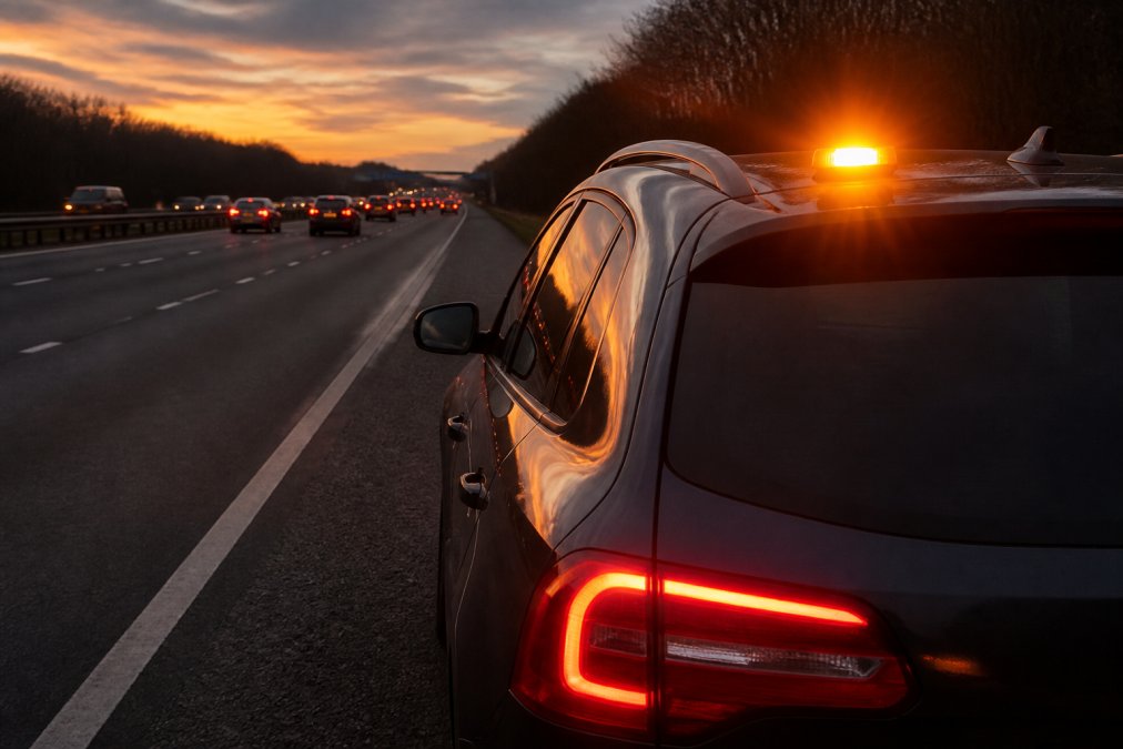 Best LED Road Safety Beacons 2026 A stationary vehicle on a motorway hard shoulder at dusk with an active amber LED beacon displaying bright light, demonstrating visibility from distance and the contrast between the beacon's illumination and surrounding darkness