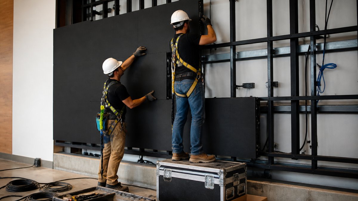 A two-person installation crew in safety harnesses and hard hats mounting black LED screen panels onto a steel wall-mounted frame inside a commercial venue, with cabling and tools visible on the floor