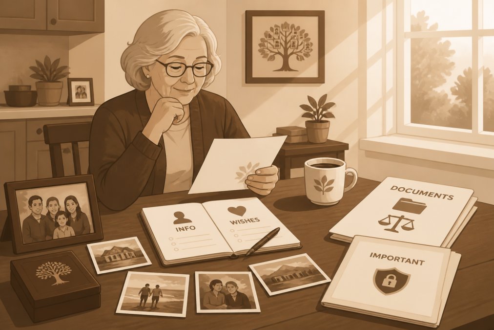 Older adult sitting at a kitchen table with family photos, documents, and a notebook, thoughtfully reviewing personal papers and memories with natural afternoon light streaming through the window