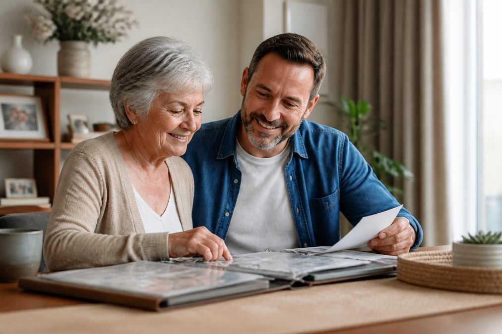 Adult child and parent sitting together at a computer, looking at the screen with a sense of clarity and relief, having organized their legacy information with warm indoor lighting