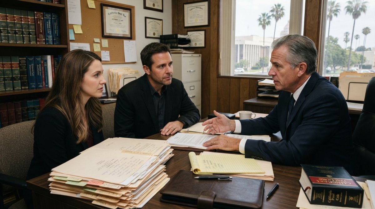 Criminal defense attorney in professional business attire reviewing case files and legal documents at an organized desk in a law office, with law books on shelves in the background and natural office lighting