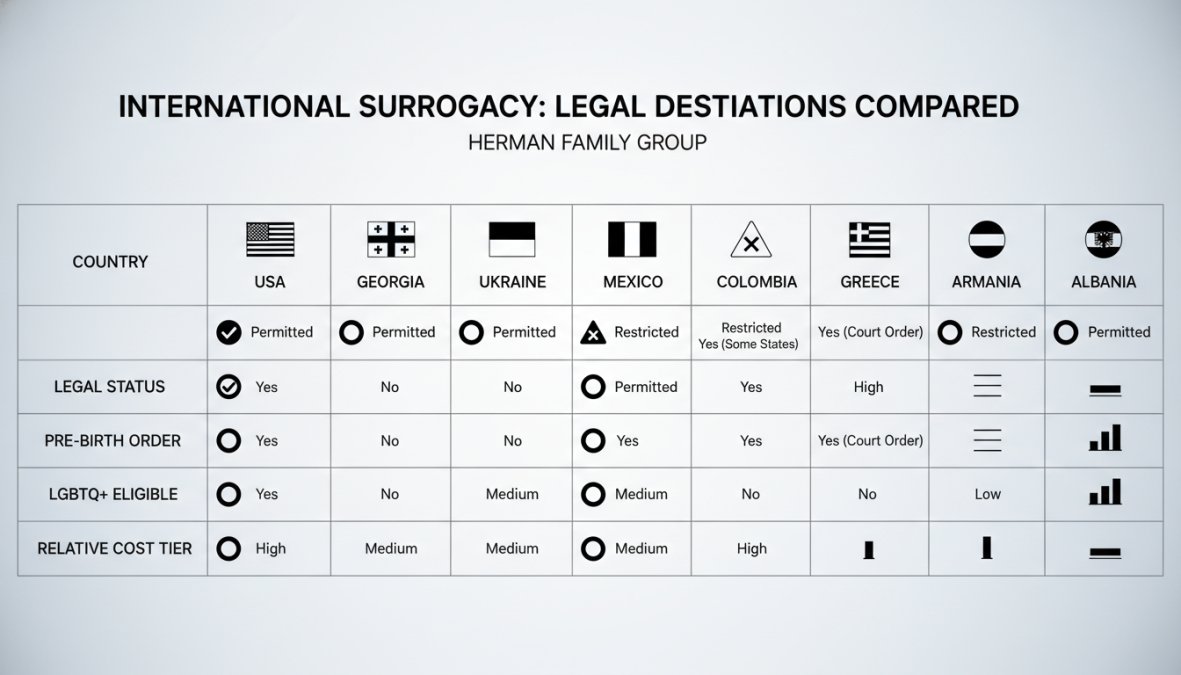 Comparison matrix showing legal status (permitted/restricted), pre-birth order availability, LGBTQ+ eligibility, and relative cost tier for USA, Georgia, Ukraine, Mexico, Colombia, Greece, Albania, and Armenia