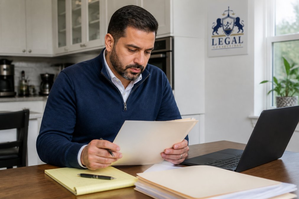 A parent sitting at a kitchen table reviewing a folder of documents and a legal notepad, with a laptop open nearby, preparing calmly for an upcoming court date