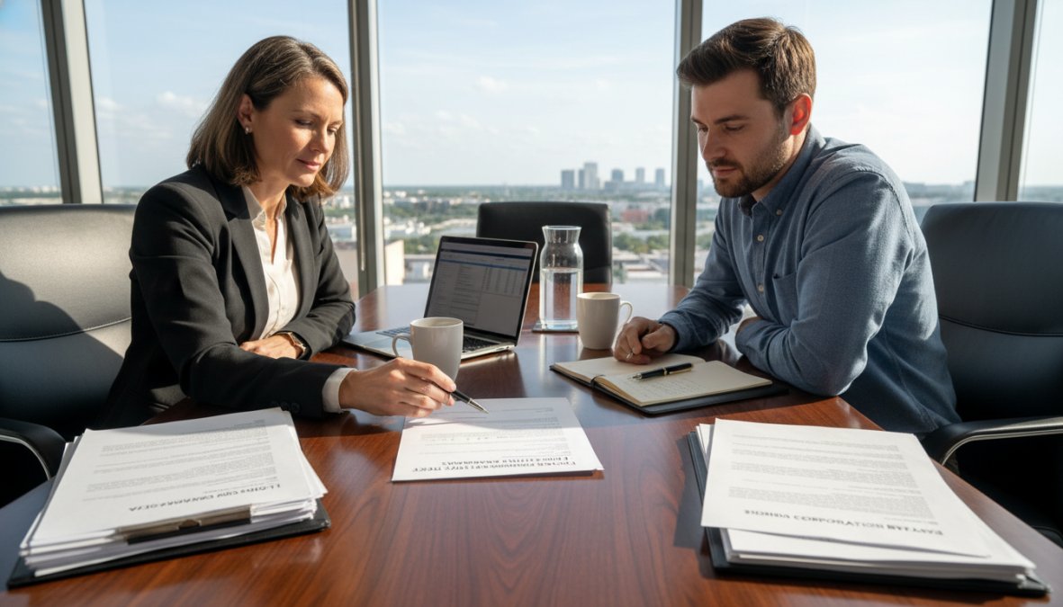 A business attorney and entrepreneur sitting across from each other at a desk reviewing formation documents, with a laptop and notepad visible in a modern Coral Springs office with warm overhead lighting