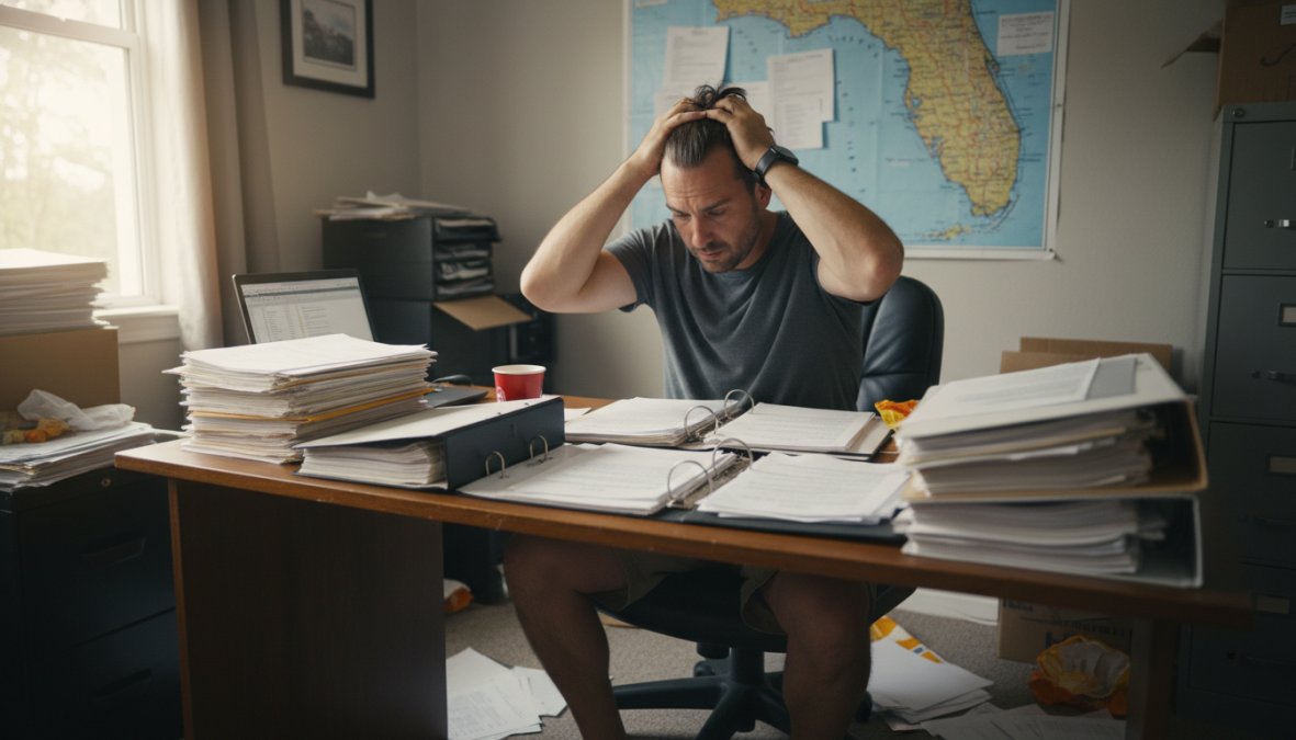 A frustrated founder sitting at a cluttered desk surrounded by stacked paperwork and an open laptop, head resting on one hand, reviewing business formation documents under harsh fluorescent lighting in a small home office