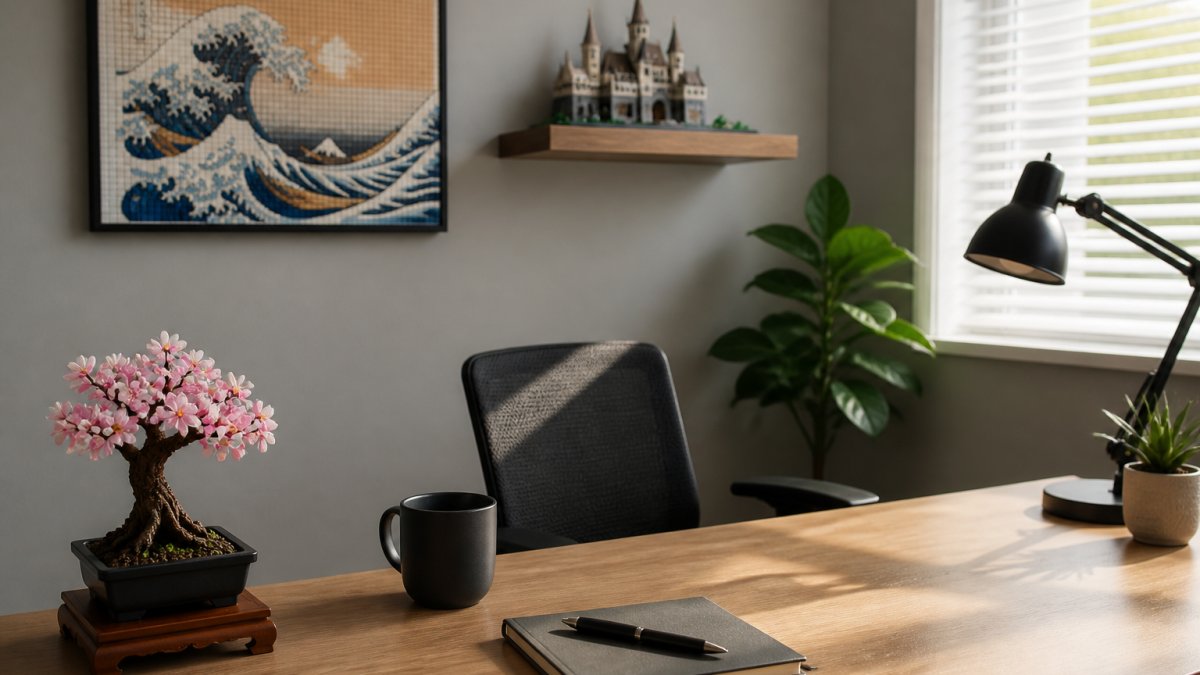 Professional home office workspace featuring a desk with a LEGO Bonsai Tree on one corner, a framed LEGO art piece on the wall above, and a small architectural model on a floating shelf, with natural daylight streaming through the window