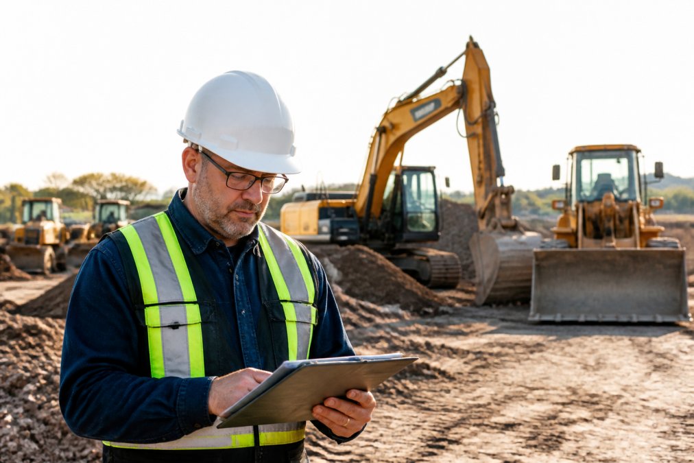 Construction business owner reviewing heavy equipment financing paperwork on a tablet at a job site