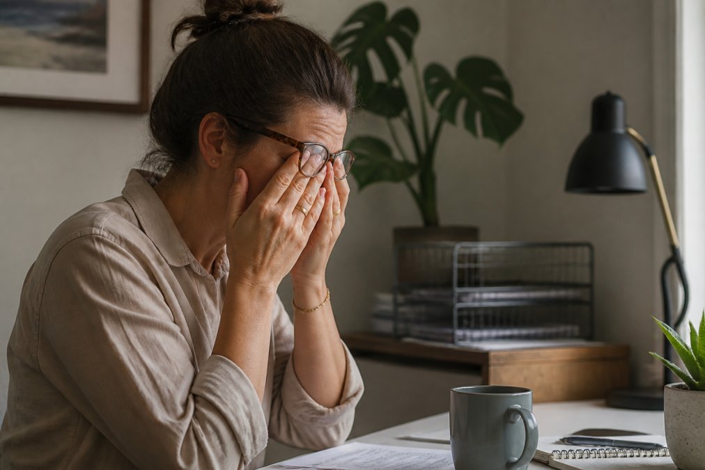 Close-up of a person rubbing tired eyes while sitting in front of a laptop in a softly lit home office, screen light reflecting on their glasses